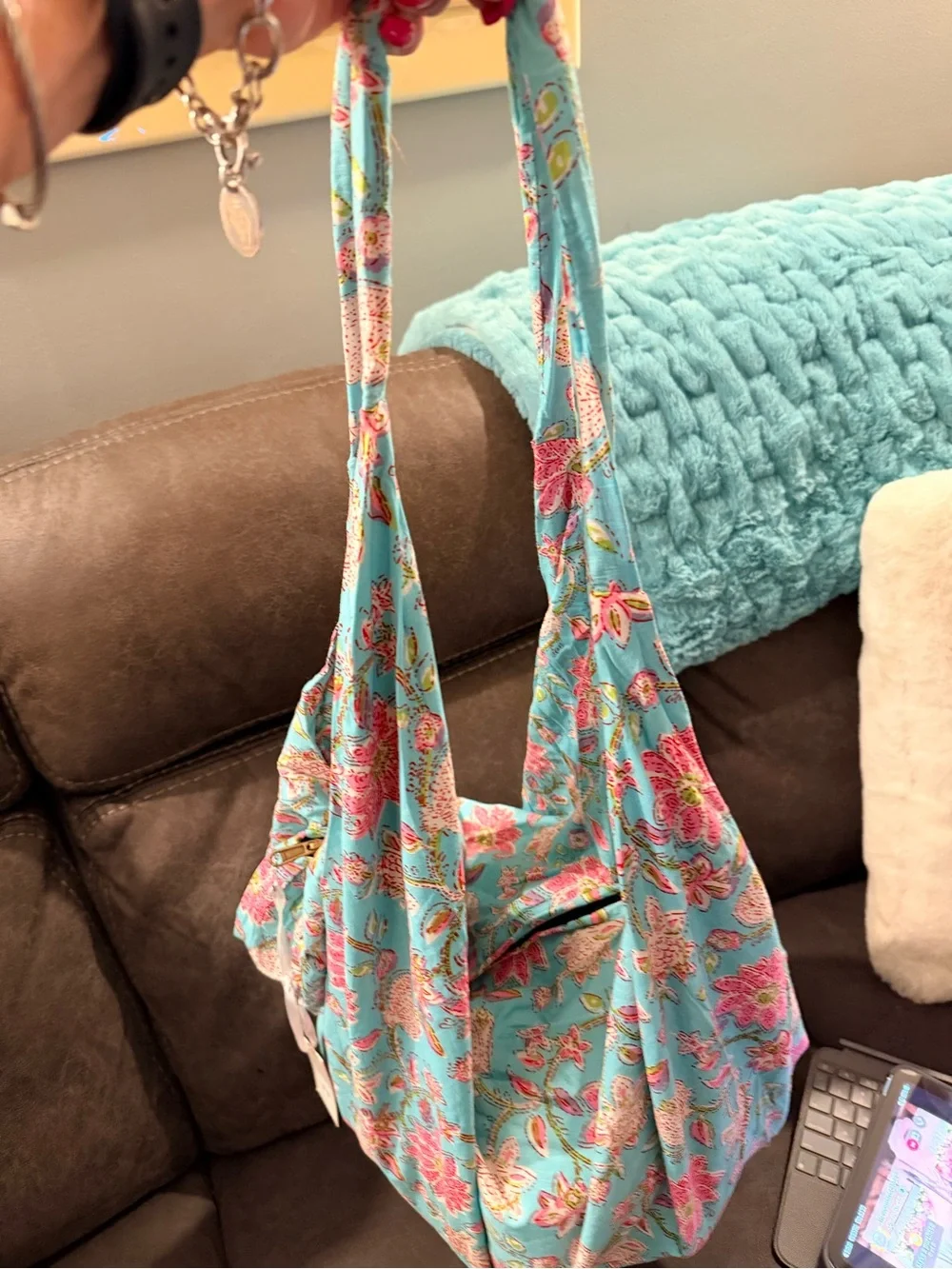 Karma Highway Floral Tote Bag in Aqua and Pink